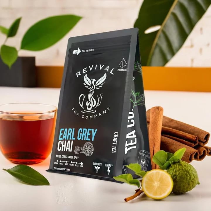 Revival Tea Company Earl Grey Chai Tea - Black Tea Blend with Fresh Spiced Chai and Bergamot Flavor - 24 Tea Bags