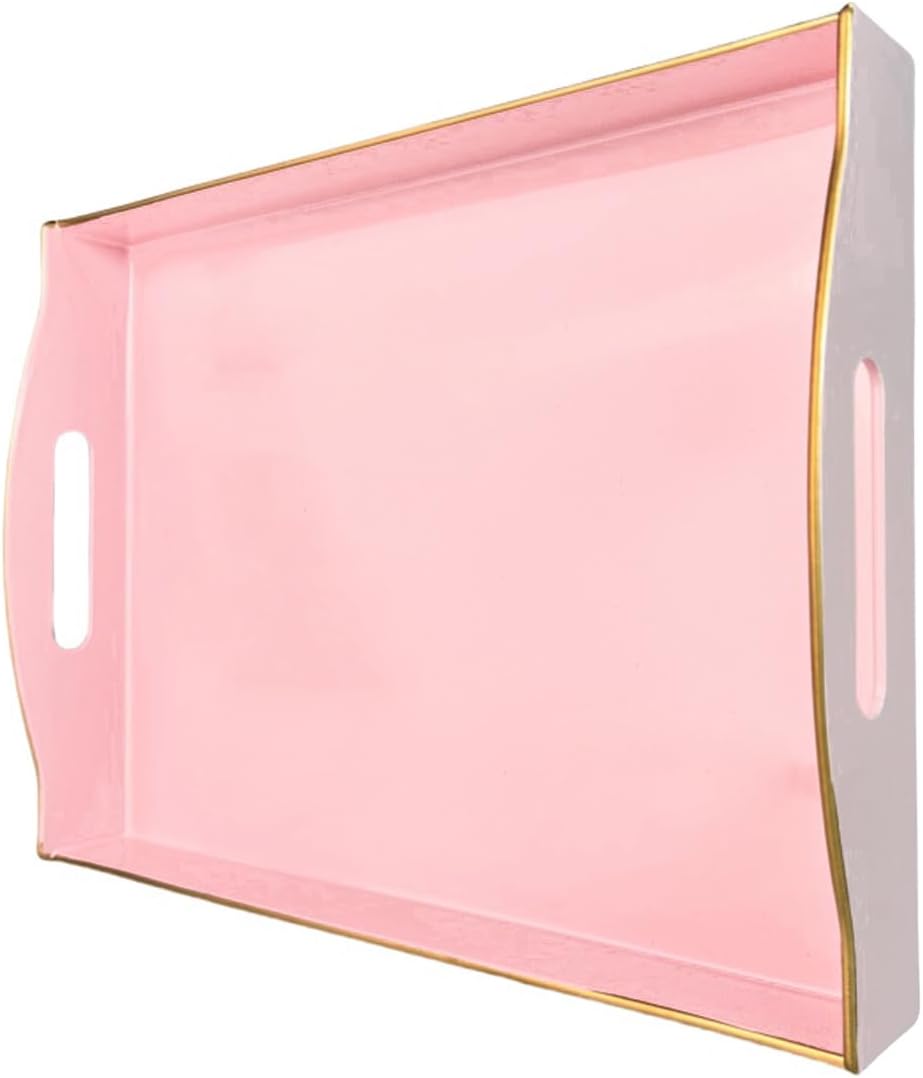 Pink Serving Tray with Handles, Plastic Decorative Tray for Coffee Table, Ottoman - Ideal for Living Room & Bathroom. 15” x 11” x 2.5”