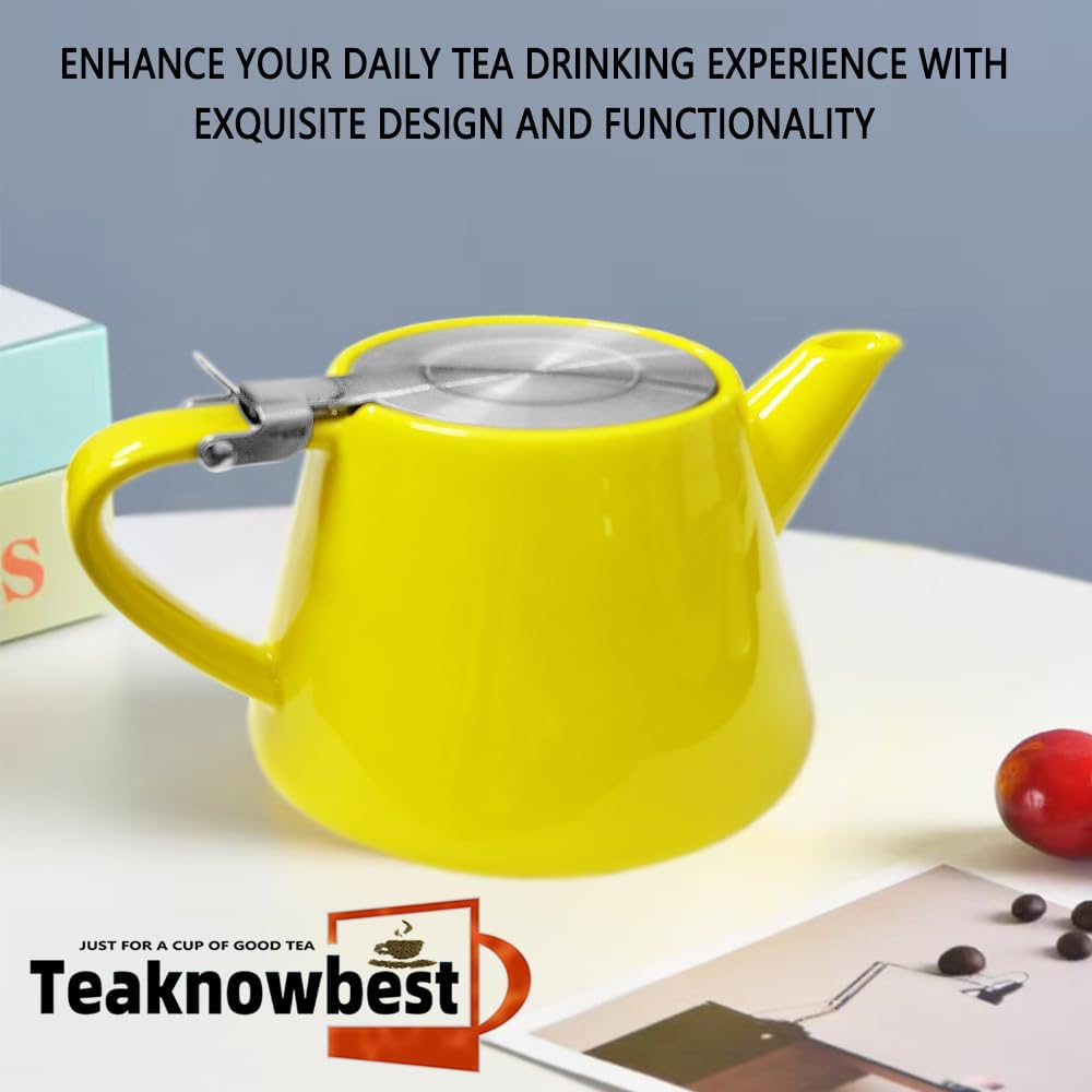 Ceramic teapot, 19oz Tea pot for loose leaf tea, Tea infuser pot with Removable 18/8 Stainless Steel Infuser and teaspoon, Suitable for 1-2 people to brew tea or coffee (yellow)