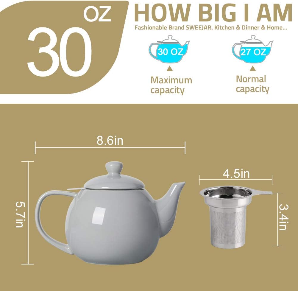 Sweejar Porcelain Teapot with Removable Stainless Steel Infuser,Microwave & Dishwasher Safe Tea Pots for Loose Tea,Tea Infuser Pots for Chrismas Women Gift (30oz Jade)