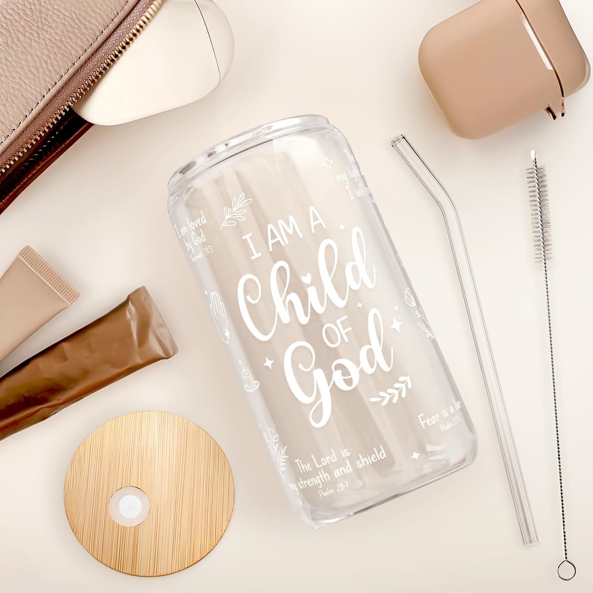 SANDJEST Christian Glass Can, I am Child of God Cup with Lid & Straw, Iced Coffee Aesthetic Cups, Idea Gift for Christmas Birthday, Gifts for Women, 16oz