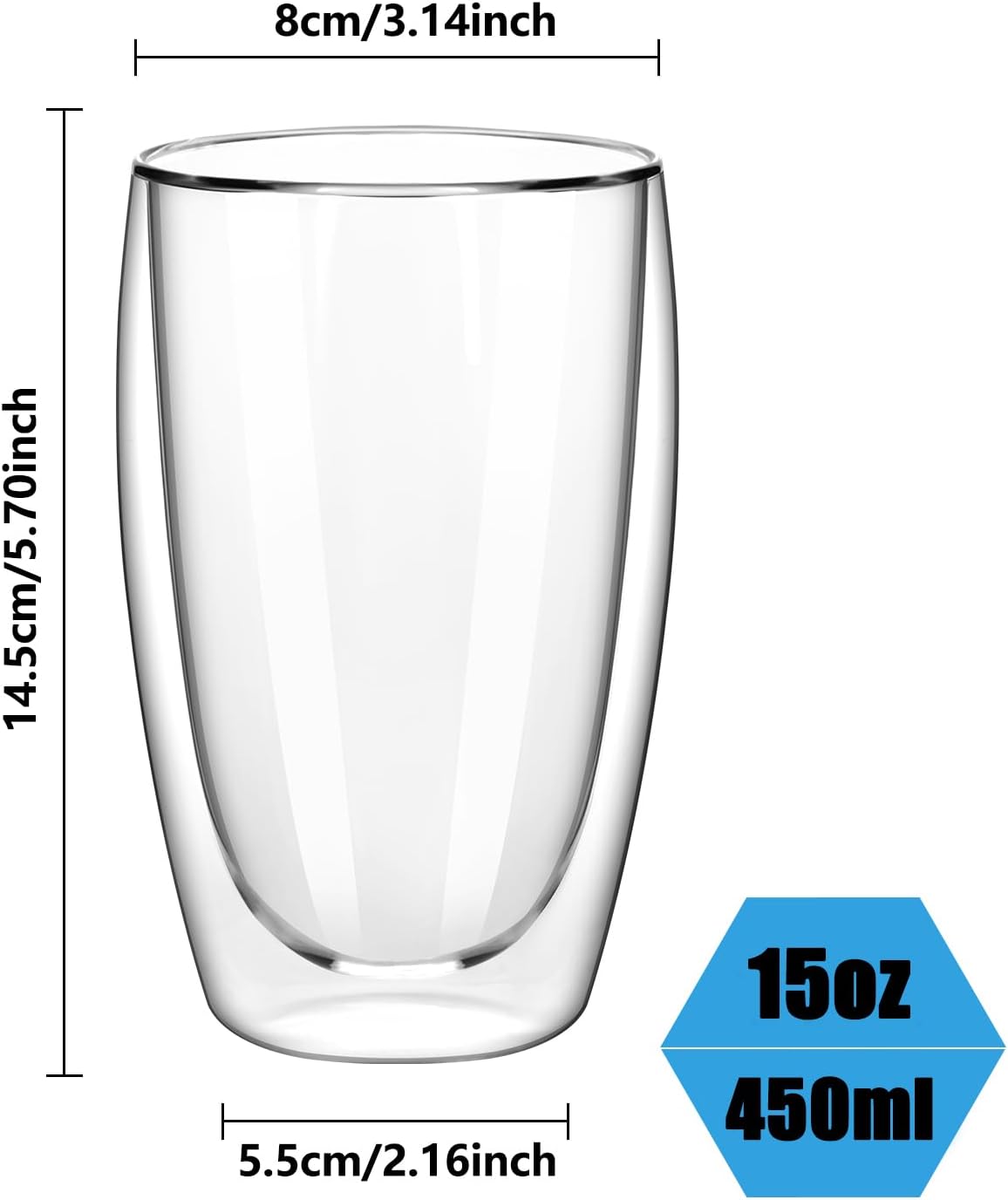 15oz Double Wall Glass Coffee Mugs, Insulated Latte Cups Set of 2, for Coffee, Espresso, Tea, Milk, Clear Cappuccino Cups Set Glassware Gift for Christmas Birthday