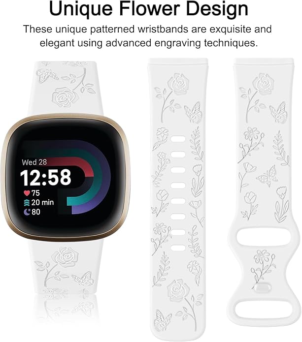 AK Floral Engraved Band Compatible with Fitbit Sense 2 / Sense Bands/Fitbit Versa 4 / Versa 3 Bands Women Men, Soft Sport Replacement Wristbands for Fitbit Sense 2 / Sense/Versa 4 / Versa 3 Smart Watch