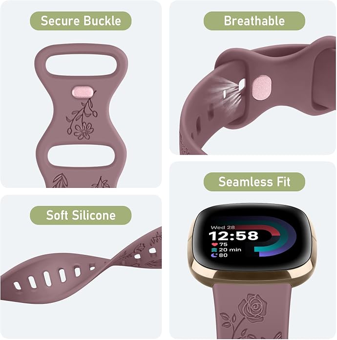 AK Floral Engraved Band Compatible with Fitbit Sense 2 / Sense Bands/Fitbit Versa 4 / Versa 3 Bands Women Men, Soft Sport Replacement Wristbands for Fitbit Sense 2 / Sense/Versa 4 / Versa 3 Smart Watch