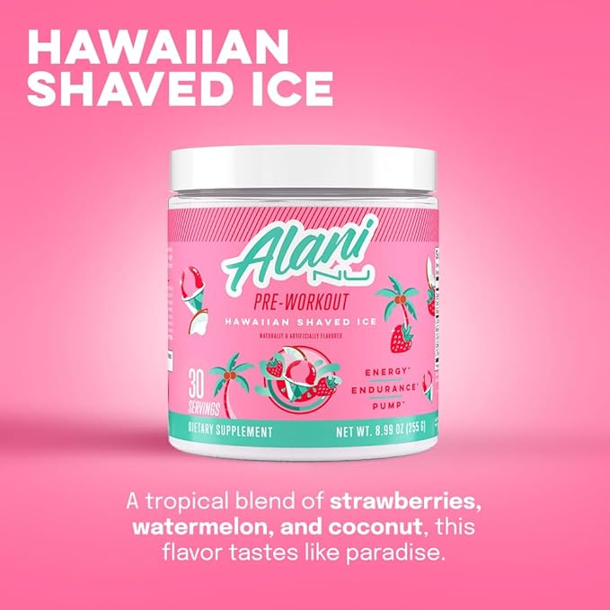 Alani Nu Pre Workout Powder Hawaiian Shaved Ice | Amino Energy Boost | Endurance Supplement | Sugar Free | 200mg Caffeine | L-Theanine, Beta-Alanine, Citrulline | 30 Servings