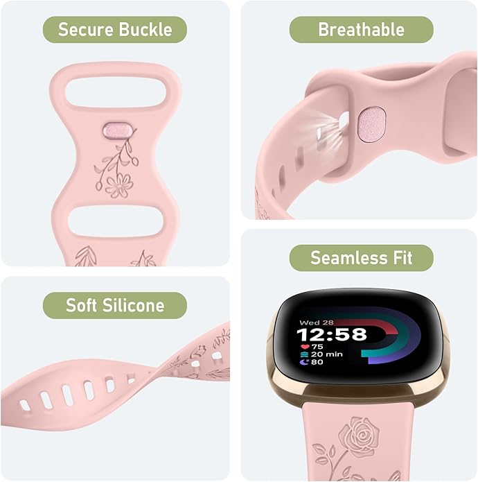 AK Floral Engraved Band Compatible with Fitbit Sense 2 / Sense Bands/Fitbit Versa 4 / Versa 3 Bands Women Men, Soft Sport Replacement Wristbands for Fitbit Sense 2 / Sense/Versa 4 / Versa 3 Smart Watch