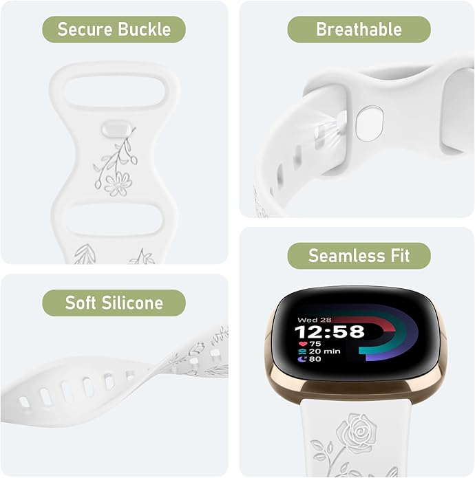 AK Floral Engraved Band Compatible with Fitbit Sense 2 / Sense Bands/Fitbit Versa 4 / Versa 3 Bands Women Men, Soft Sport Replacement Wristbands for Fitbit Sense 2 / Sense/Versa 4 / Versa 3 Smart Watch
