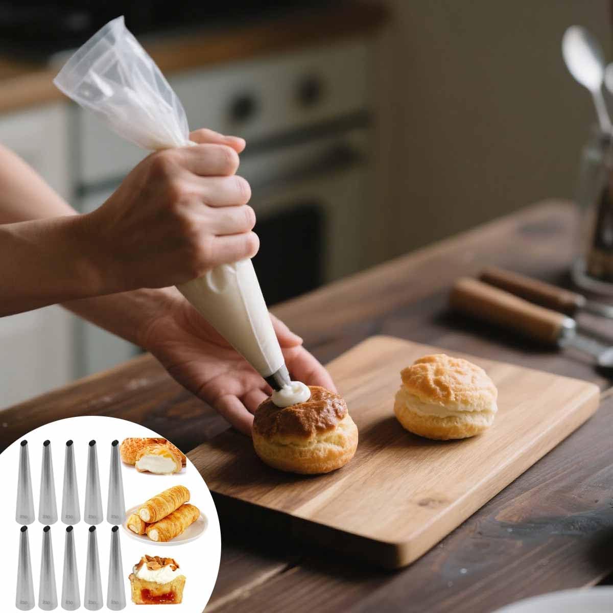 10 PCS Cream Icing Piping Nozzle Tip Stainless Steel Long Cream Puff Piping Tips Straight Pipe Multipurpose Pastry Piping Cake Decorating Tools for Small Pastries Puffs Cupcakes Filling Donuts