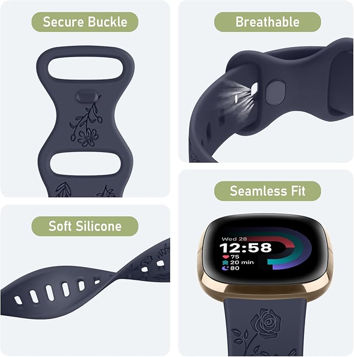 AK Floral Engraved Band Compatible with Fitbit Sense 2 / Sense Bands/Fitbit Versa 4 / Versa 3 Bands Women Men, Soft Sport Replacement Wristbands for Fitbit Sense 2 / Sense/Versa 4 / Versa 3 Smart Watch
