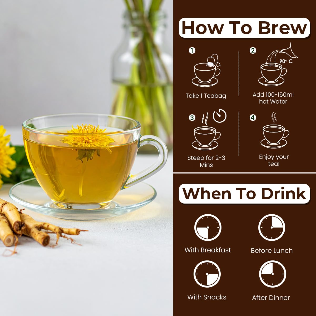 BLUE TEA - Dandelion Root Tea - 60 Count - Pyramid Plant Based Tea Bag | Support Kidney Function and Healthy Digestion | Detox Tea | Herbal Tea - Caffeine Free - Non-Bitter - Mild Flavor | Zipper Pack