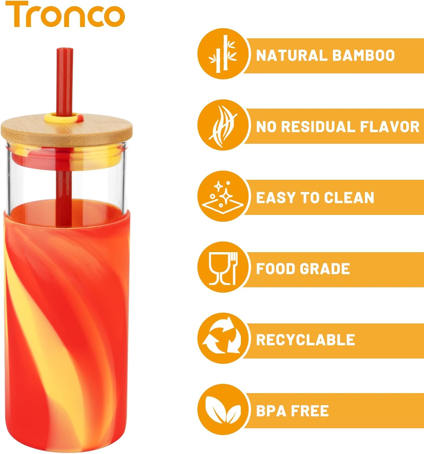 Tronco 20 oz Glass Tumbler with Straw and Bamboo Lid, Iced Coffee Cup Reusable, Smoothie Cups, Tumbler with Silicone Protective Sleeve - BPA Free