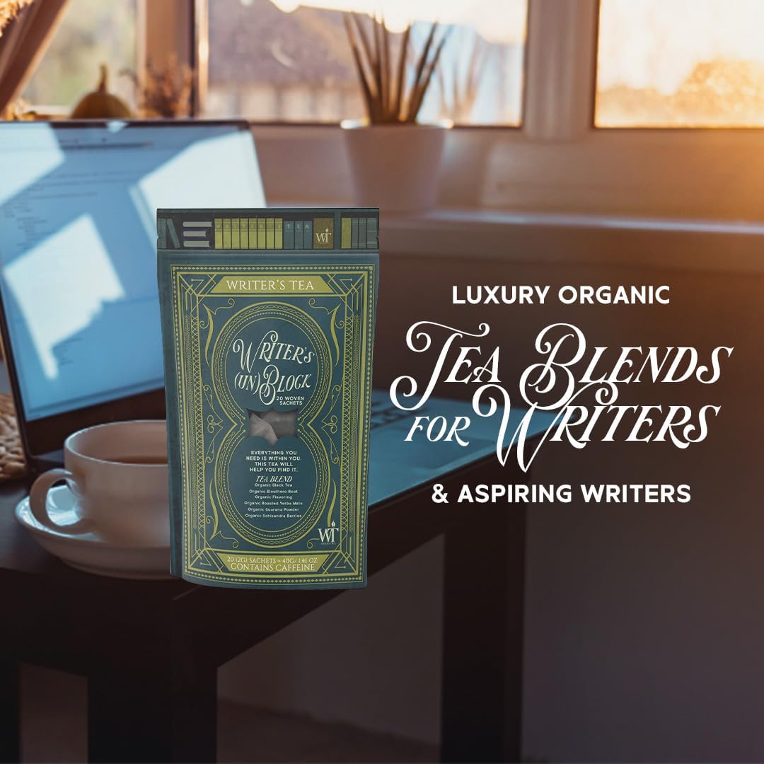 Writer's Tea Writer's (Un) Block - Focus Tea - Black Tea, Eleuthero Root, Flavoring, Roasted Yerba Mate, Guarana Powder, and Schisandra Tea Blend - Contains Caffeine - 20 Woven Sachets