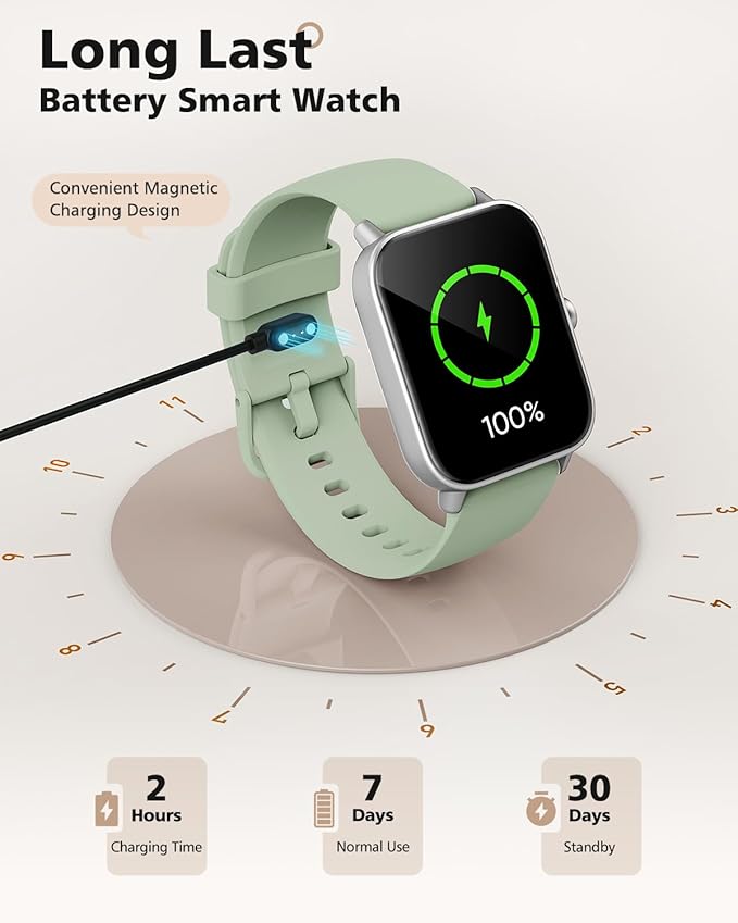 Smart Watch, Compatible with iPhone 9.0 or Above and Android 6.0 or Above, 45mm Men's and Women's Watch, Smartwatch Fitness Tracker, Fits Wrists 5.8-8.7 Inches (160-230mm), Waterproof, Green