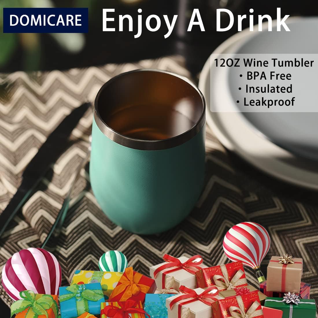 DOMICARE Stainless Steel Wine Tumbler Bulk with Lid, Personalized Insulated Tumblers Set, 12oz Travel Coffee Cups Pack of 4, Light Blue