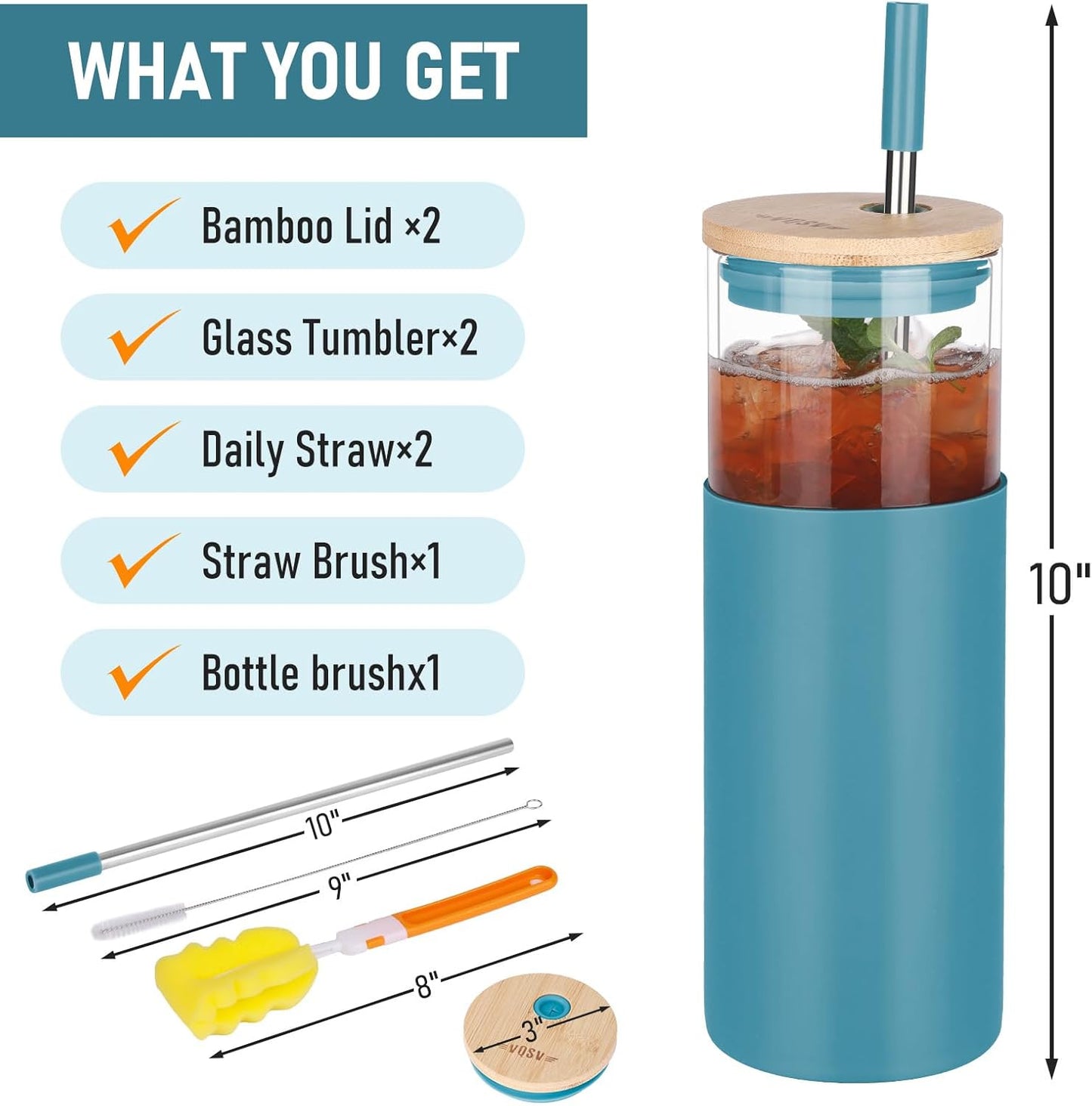 Glass Tumbler w/Lids & Straw: 24 oz Reusable Glass Cup w/Bamboo Lid, Stainless Steel Straws, BPA-Free, Leak-Proof, Dishwasher Safe for Coffee/Smoothies/Hot Beverage, Travel/Office/Home Use, 2-Pk