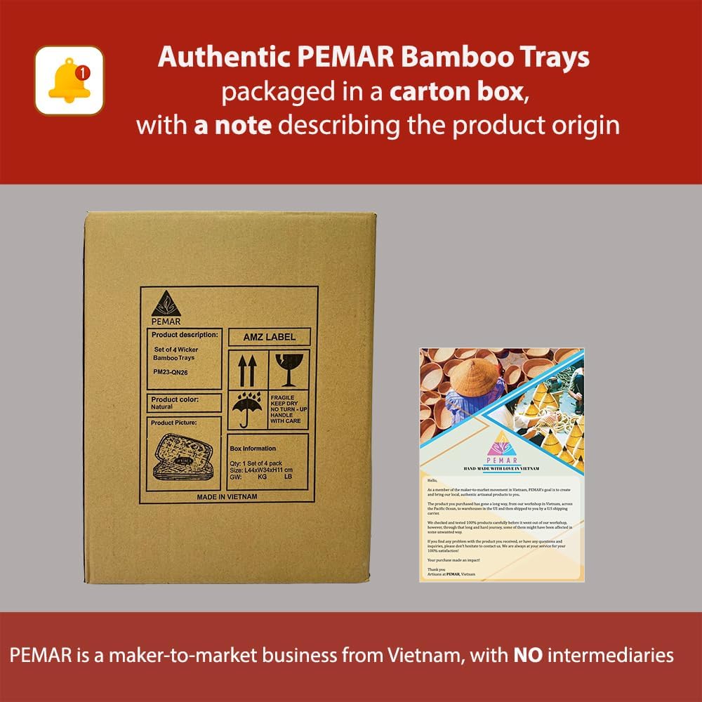 PEMAR Set of 4 Bamboo Wicker Serving Trays for Foods & Drinks, Rectangular Breakfast Lap Trays with Handles Wooden Decorative Platters for Coffee Table, Bed Eating