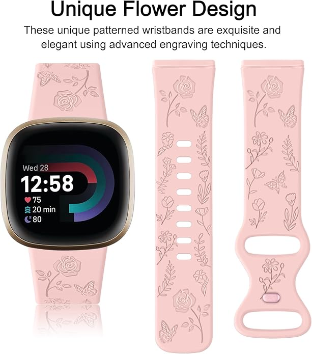 AK Floral Engraved Band Compatible with Fitbit Sense 2 / Sense Bands/Fitbit Versa 4 / Versa 3 Bands Women Men, Soft Sport Replacement Wristbands for Fitbit Sense 2 / Sense/Versa 4 / Versa 3 Smart Watch