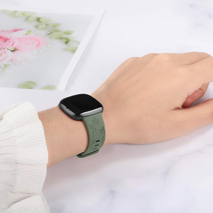 AK Floral Engraved Band Compatible with Fitbit Sense 2 / Sense Bands/Fitbit Versa 4 / Versa 3 Bands Women Men, Soft Sport Replacement Wristbands for Fitbit Sense 2 / Sense/Versa 4 / Versa 3 Smart Watch