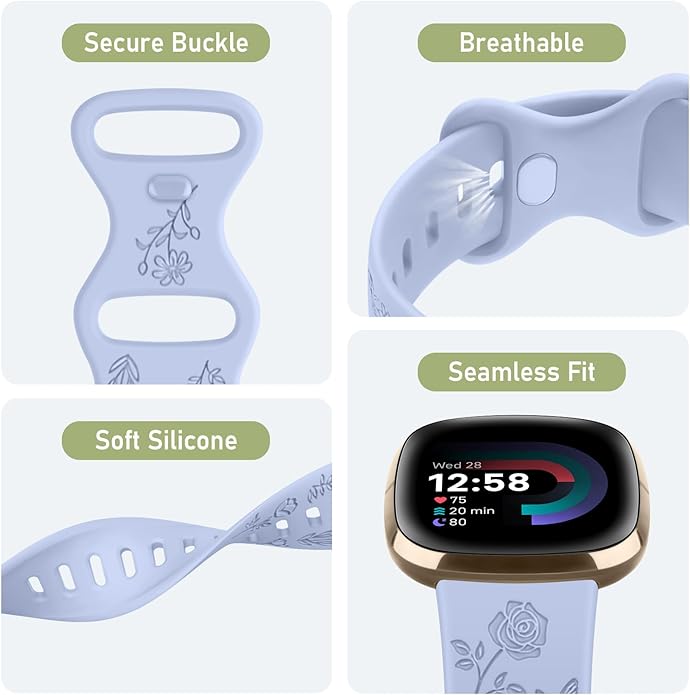 AK Floral Engraved Band Compatible with Fitbit Sense 2 / Sense Bands/Fitbit Versa 4 / Versa 3 Bands Women Men, Soft Sport Replacement Wristbands for Fitbit Sense 2 / Sense/Versa 4 / Versa 3 Smart Watch