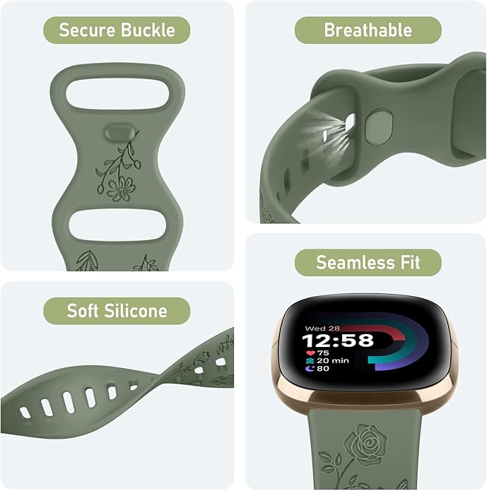 AK Floral Engraved Band Compatible with Fitbit Sense 2 / Sense Bands/Fitbit Versa 4 / Versa 3 Bands Women Men, Soft Sport Replacement Wristbands for Fitbit Sense 2 / Sense/Versa 4 / Versa 3 Smart Watch