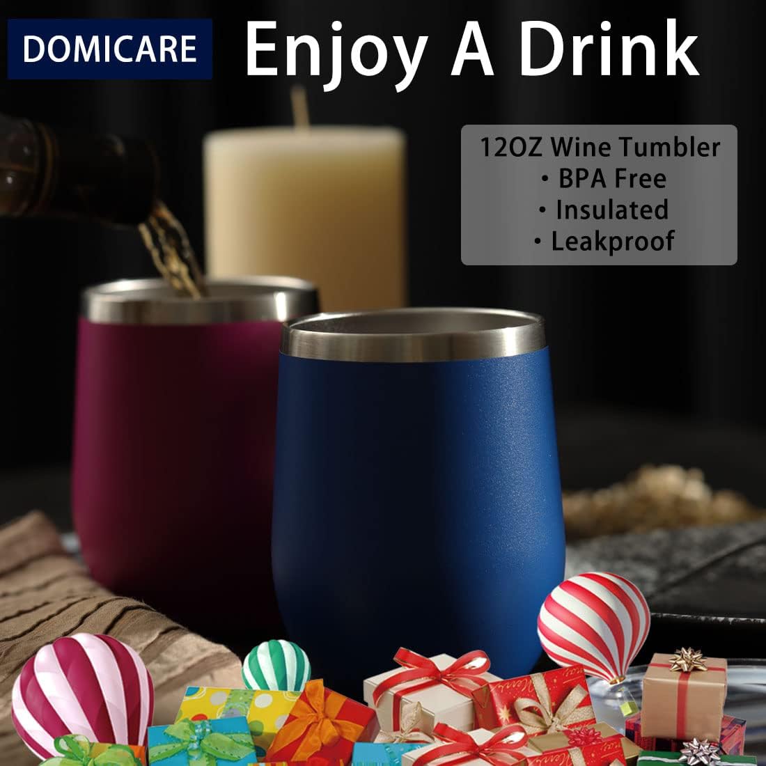 DOMICARE Stainless Steel Wine Tumbler Bulk with Lid, Personalized Insulated Tumblers Set, 12oz Travel Coffee Cups Pack of 4, Dark Blue
