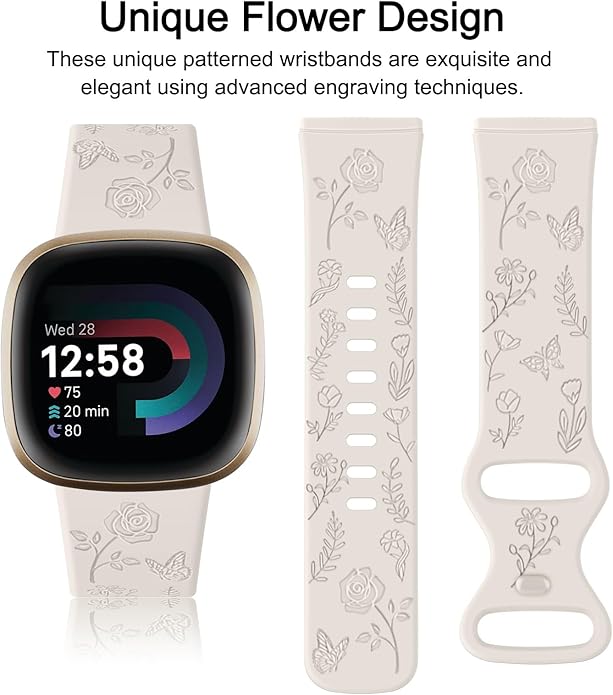 AK Floral Engraved Band Compatible with Fitbit Sense 2 / Sense Bands/Fitbit Versa 4 / Versa 3 Bands Women Men, Soft Sport Replacement Wristbands for Fitbit Sense 2 / Sense/Versa 4 / Versa 3 Smart Watch