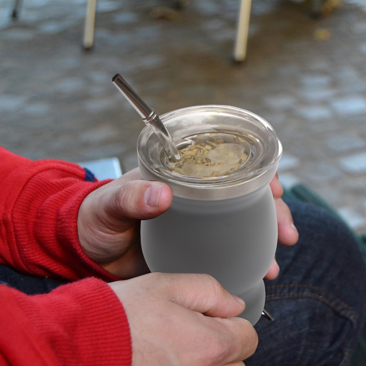 Beruth Bombilla Yerba Mate Gourd, 8oz Stainless Steel Tea Cup Set with a Multifunctional Lid, Two Straws and Cleaning Brushes, Double Walled Coffee Mug Heat Insulation Anti Scalding (Starry Sky Grey)