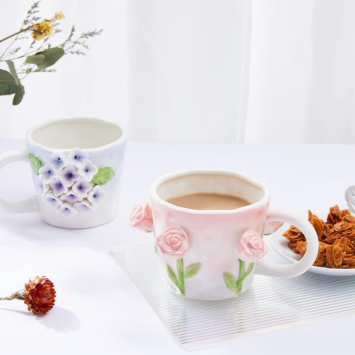 3D Flower Coffee Mug Blue Tulip Ceramic Cup,12 oz Cute Handmade Mugs,Christmas Birthday Surprise for Friends Family or Flower Lovers (Blue Tulip)