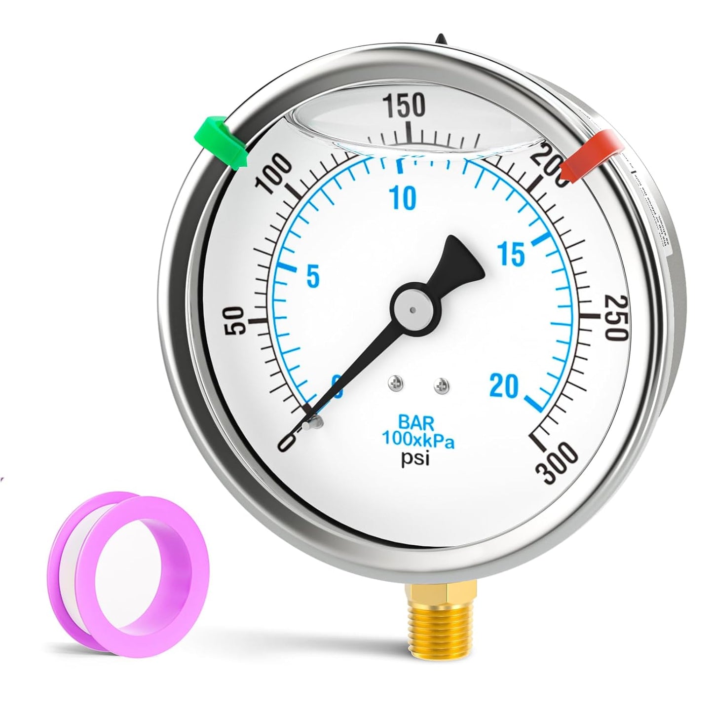 0-300PSI Stainless Steel Liquid Filled Pressure Gauge, 4" Dial Size, 1/4" NPT Lower Mount, for Tube, Water Pump, Gas, Liquid, Pressure Test (with Range Mark Pointer)