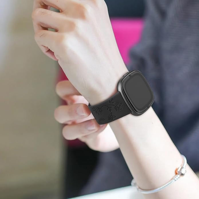 AK Floral Engraved Band Compatible with Fitbit Sense 2 / Sense Bands/Fitbit Versa 4 / Versa 3 Bands Women Men, Soft Sport Replacement Wristbands for Fitbit Sense 2 / Sense/Versa 4 / Versa 3 Smart Watch