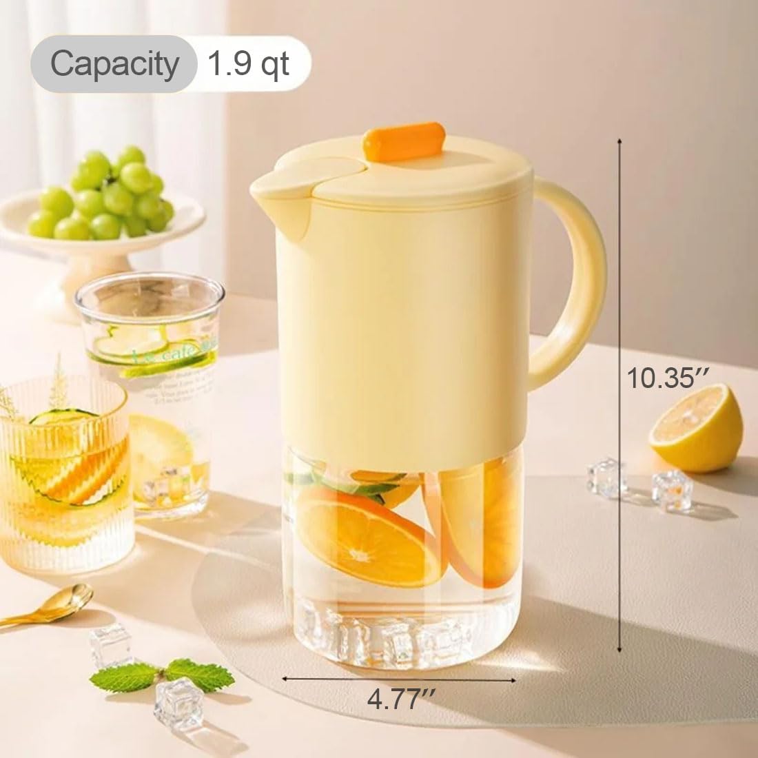 Delove Borosilicate Glass Pitcher with Lid & Auto Spout – Shatterproof Plastic Shell, Wide Mouth Design – 62 oz (1.9 Quart) Jug for Boiling Water, Iced Tea, Juice & Cold Brew Coffee (2, Yellow)