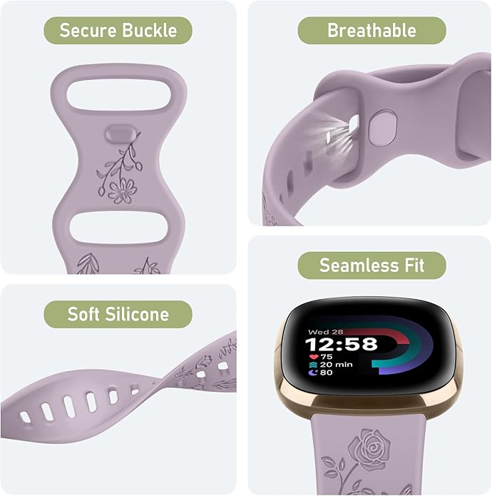 AK Floral Engraved Band Compatible with Fitbit Sense 2 / Sense Bands/Fitbit Versa 4 / Versa 3 Bands Women Men, Soft Sport Replacement Wristbands for Fitbit Sense 2 / Sense/Versa 4 / Versa 3 Smart Watch