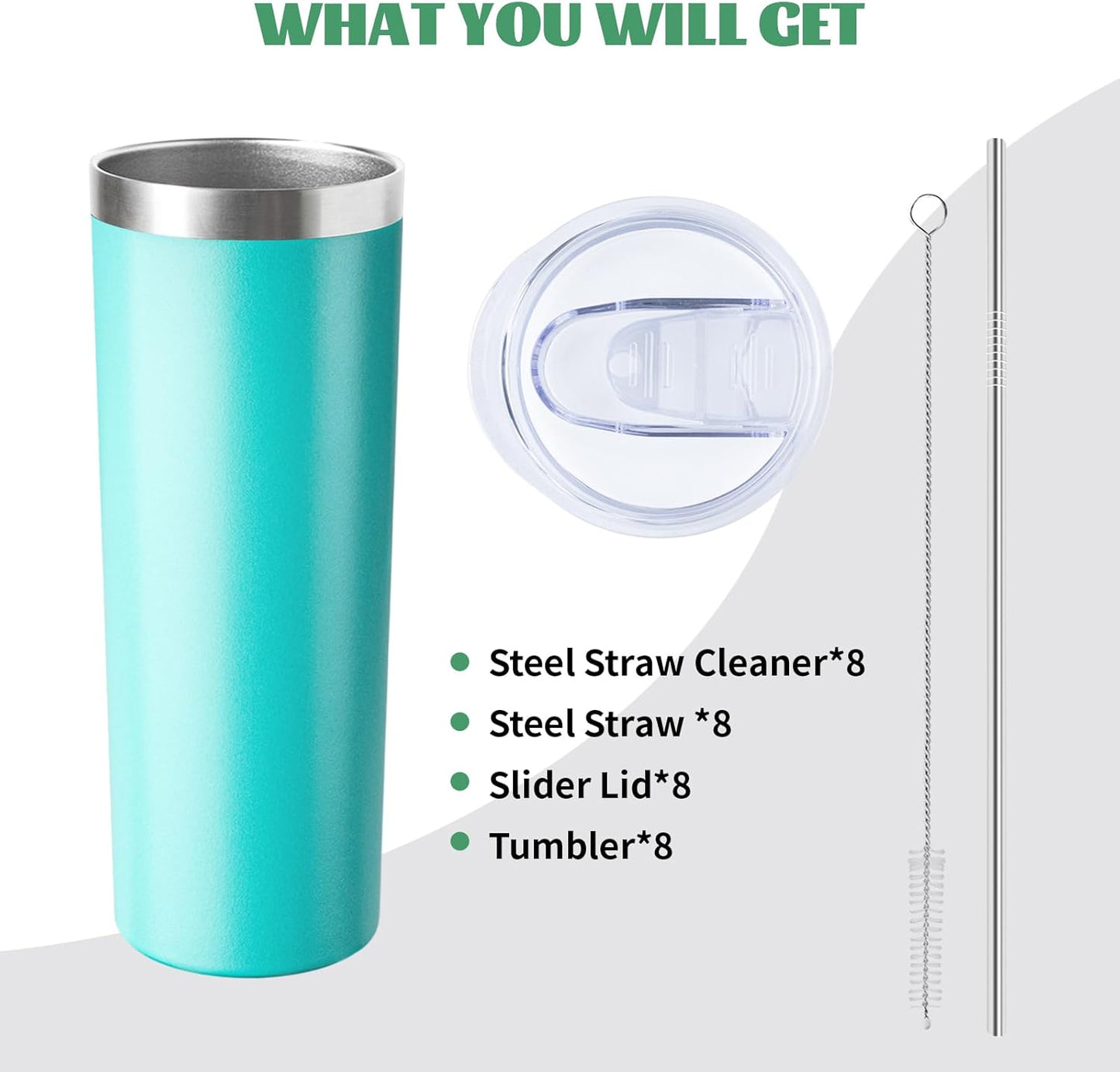 20 oz Skinny Tumbler with Lid and Straw,Stainless Steel Vacuum Insulated Tumbler Cup Double Wall Leak-proof Coffee Mug,Travel Thermal Water Tumbler for Home,Office,Outdoor(Teal,8)
