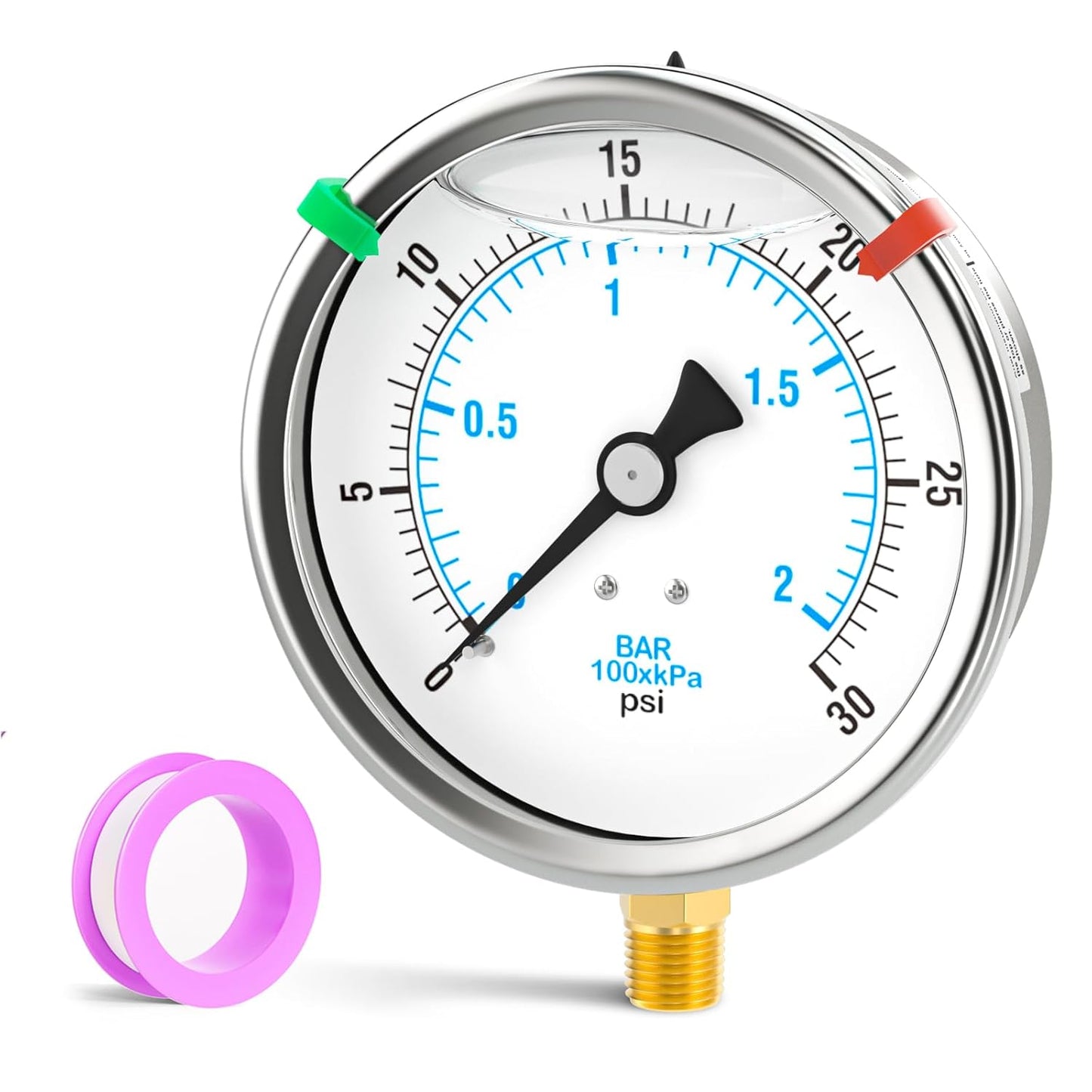 0-30PSI Stainless Steel Liquid Filled Pressure Gauge, 4" Dial Size, 1/4" NPT Lower Mount, for Tube, Water Pump, Gas, Liquid, Pressure Test (with Range Mark Pointer)