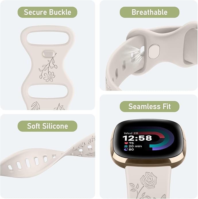 AK Floral Engraved Band Compatible with Fitbit Sense 2 / Sense Bands/Fitbit Versa 4 / Versa 3 Bands Women Men, Soft Sport Replacement Wristbands for Fitbit Sense 2 / Sense/Versa 4 / Versa 3 Smart Watch