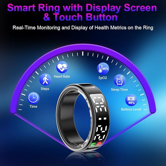 Smart Ring Health Tracker with Display Screen & Touch Button, Bluetooth Connection Health Ring for Women Men, Tracks Heart Rate/Blood Oxygen/Sleep/Steps/Sports Activities, IP68 Waterproof