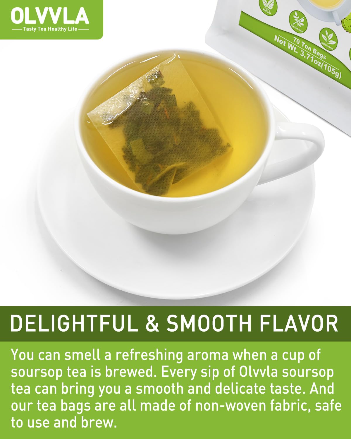 Olvvla - Premium Soursop Tea Bags - 1.5g X 70 Count - Pure Natural Soursop Leaves Tea - Caffeine-free - Non-GMO - Sourced from Thailand - Support Digestion & Help Skin Health