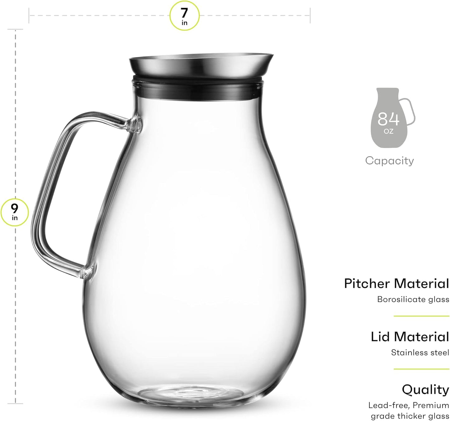 MITBAK 84- OZ Glass Pitcher With Stainless Steel Lid | Beautiful Lightweight Beverage Jug Carafe With A Wide Handle | Great For Cold & Hot Drinks Like Tea, Lemonade, Juice, Water, Coffee, Cold Brew
