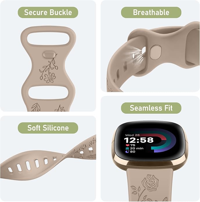 AK Floral Engraved Band Compatible with Fitbit Sense 2 / Sense Bands/Fitbit Versa 4 / Versa 3 Bands Women Men, Soft Sport Replacement Wristbands for Fitbit Sense 2 / Sense/Versa 4 / Versa 3 Smart Watch