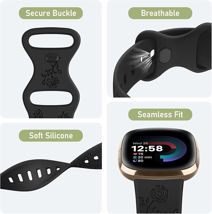 AK Floral Engraved Band Compatible with Fitbit Sense 2 / Sense Bands/Fitbit Versa 4 / Versa 3 Bands Women Men, Soft Sport Replacement Wristbands for Fitbit Sense 2 / Sense/Versa 4 / Versa 3 Smart Watch