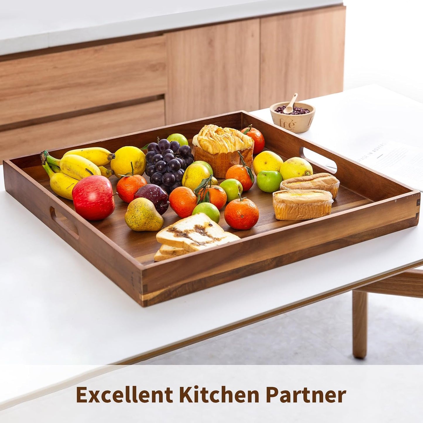 22-INCH Huge Ottoman Tray for for Living Room Large Wood Trays for Ottoman Square Wooden Serving Trays with Handles Decorative Trays for Party, Food Serving, Breakfast, Dinner, Coffee Tea, Appetizers