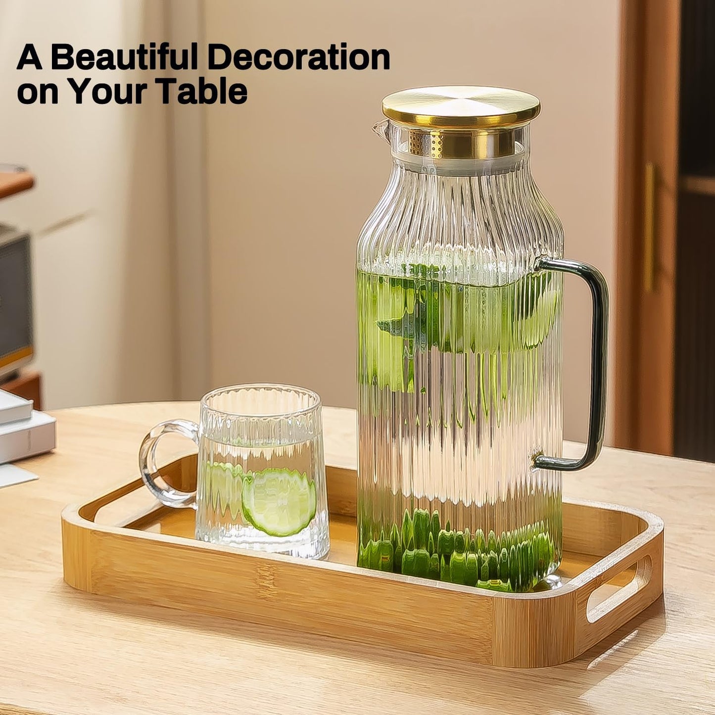 Square Glass Pitcher with Lid and Spout,68 oz/2 Liter Vertical Stripes Water Pitcher for Fridge, Borosilicate Glass Water Carafe for Cold Brew, Coffee, Lemonade, Sun Tea,Heat Resistant