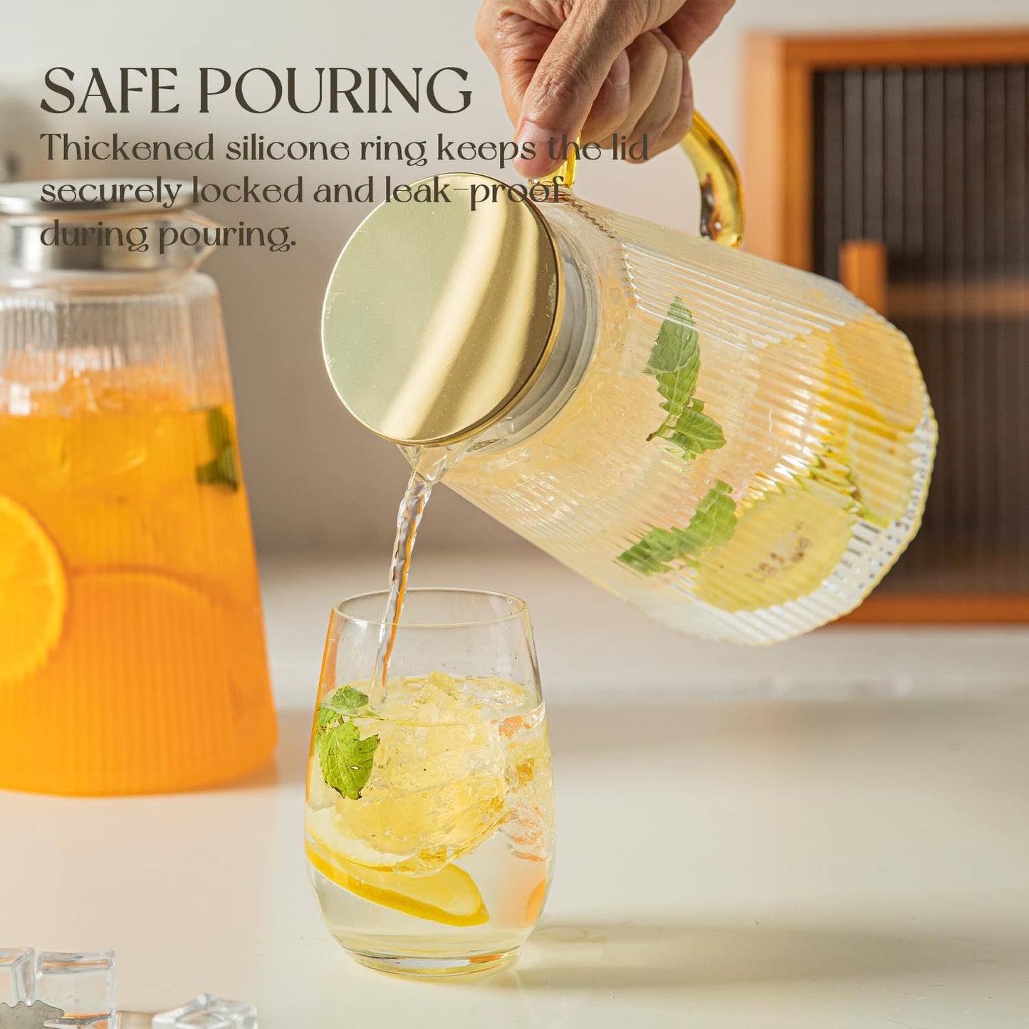 71oz Glass Pitcher with Lid, Ribbed Beverage Carafe for Hot & Cold Drinks, Water Jug with Handle for Juice, Tea, Milk, Iced Coffee – Heat Resistant Glass Serveware (1)