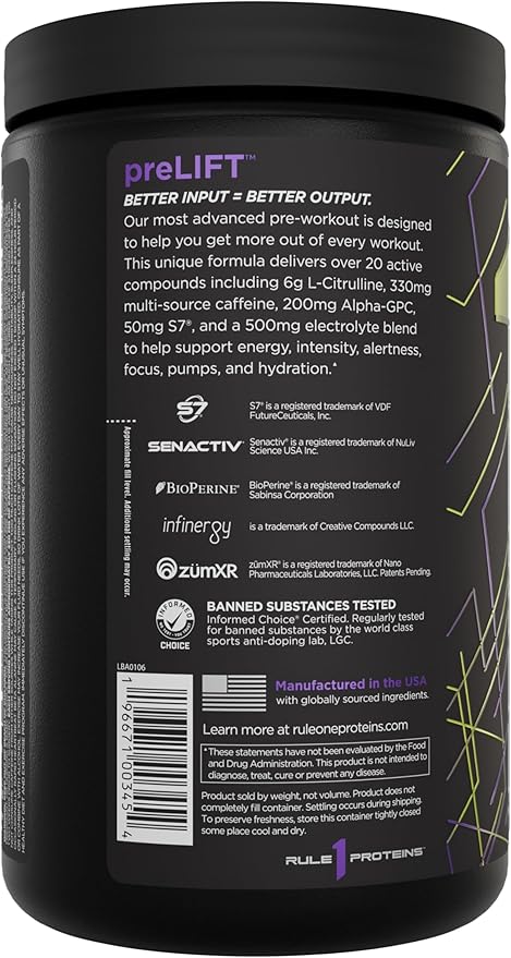 Rule 1 preLIFT Pre-Workout - 6g Citrulline, 3.2g Beta Alanine, 3 Caffeine Sources + 20 Others for Energy, Alertness, & Endurance (30 Servings, Acai Berry)