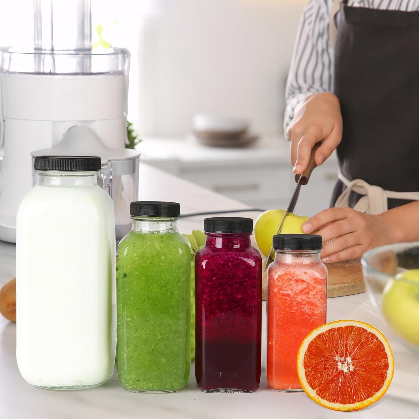 12 oz Glass Juice Bottles with Lids 3 Pack,Reusable Glass Drink Bottles,350ml Water Drinking Jars for Milk,Juicing,Kombucha,Ginger,Beverage Glassware,Juice Drinking Jars