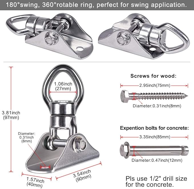 SELEWARE Silent Bearing Swing Hanger, Heavy Duty 360° Rotate Swing Swivel Hook, 1200LB Capacity for Wooden Concrete Playground Yoga Hammock Chair Rope Punching Bag Porch Swing Set