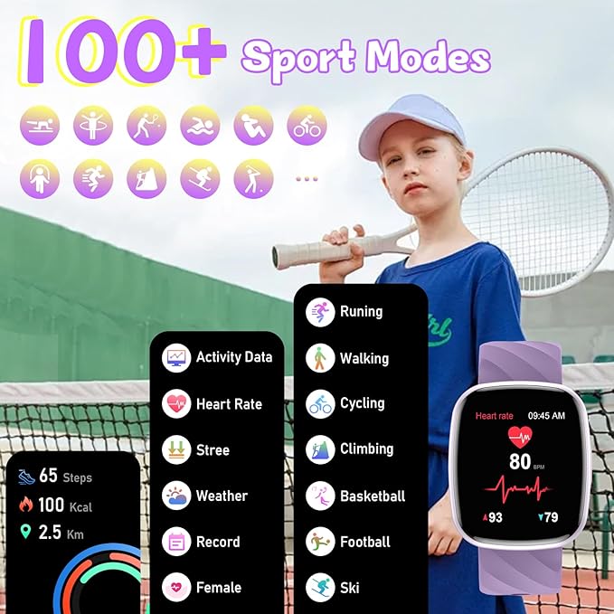 Smart Watch for Kids, Fitness Tracker with Pedometer, 100+ Sport Modes, Heart Rate, Sleep Monitor, Spo2, Calorie Step Counter, Fitness Watch 1.75"HD, Birthday Gifts for Girls Boys Teens 5-16 Purple