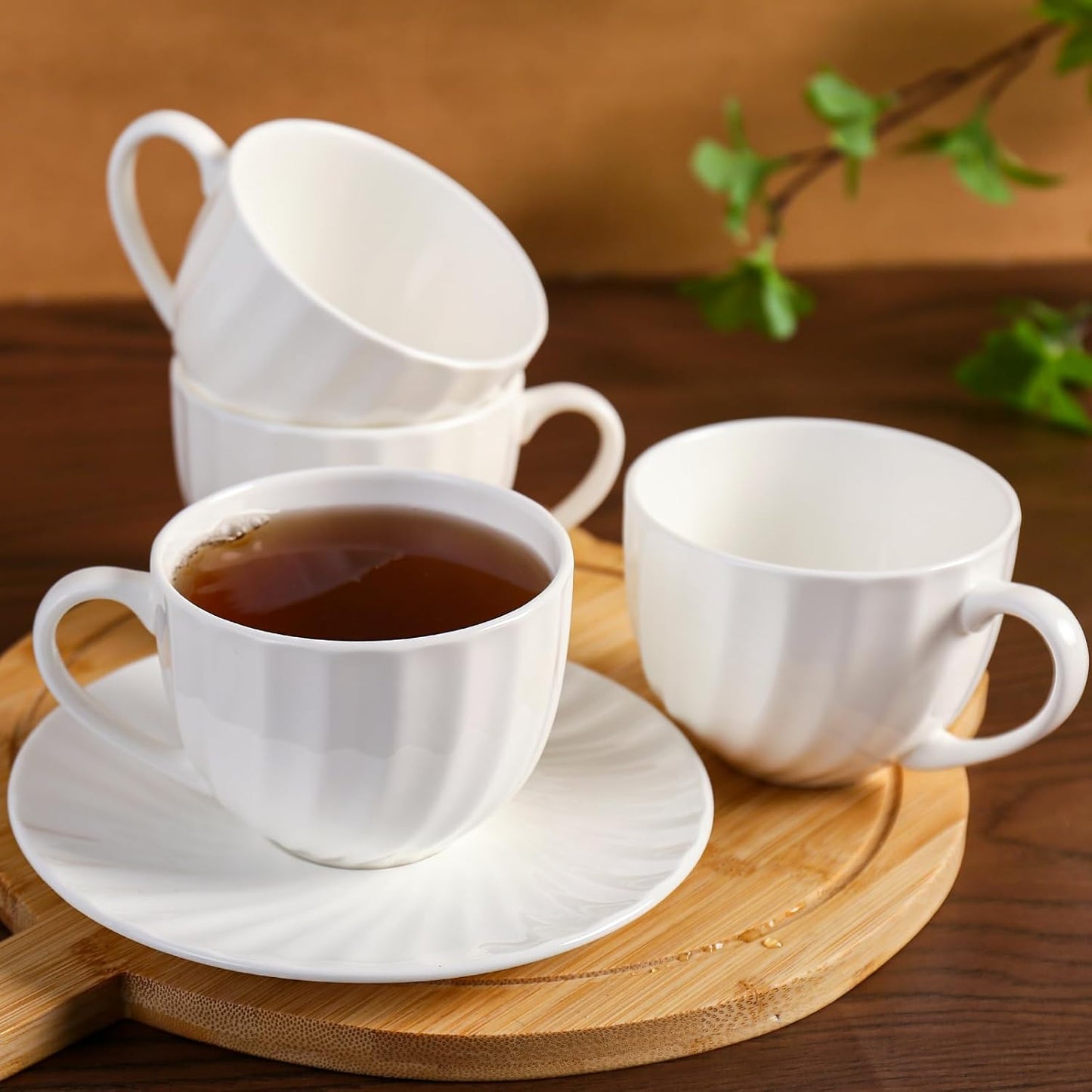 Fine Bone China Cappuccino Mugs Set of 2, 7 Oz Spiral Pattern Lightweight Ceramic, Art Coffee Cups with Saucers, for Latte, Mocha, Tea, Espresso, Macchiato, Americano