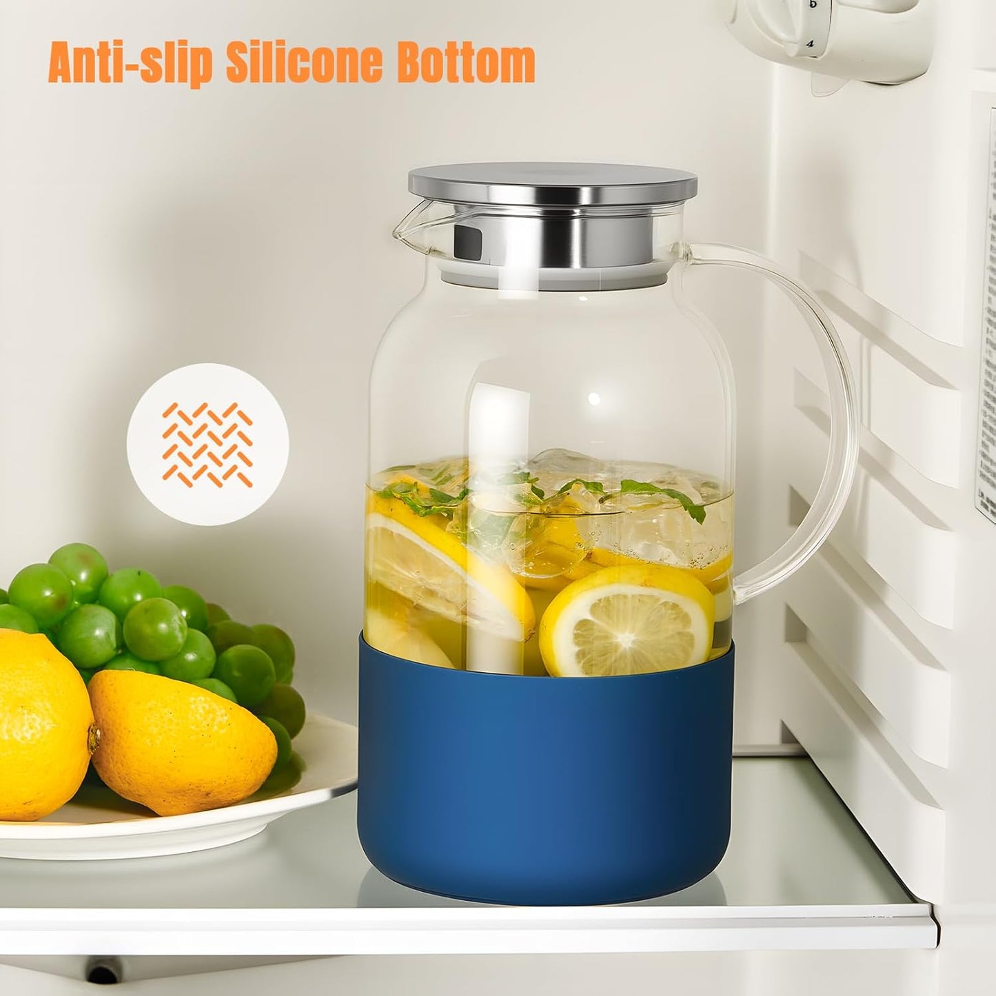 PARACITY Water Pitcher with Silicone Base 61oz/ 1.8L, Hot& Cold Glass Pitcher with Lid and Handle, Glass Carafe with Lid for Coffee, Juice, Lemonade and Milk (Blue base)