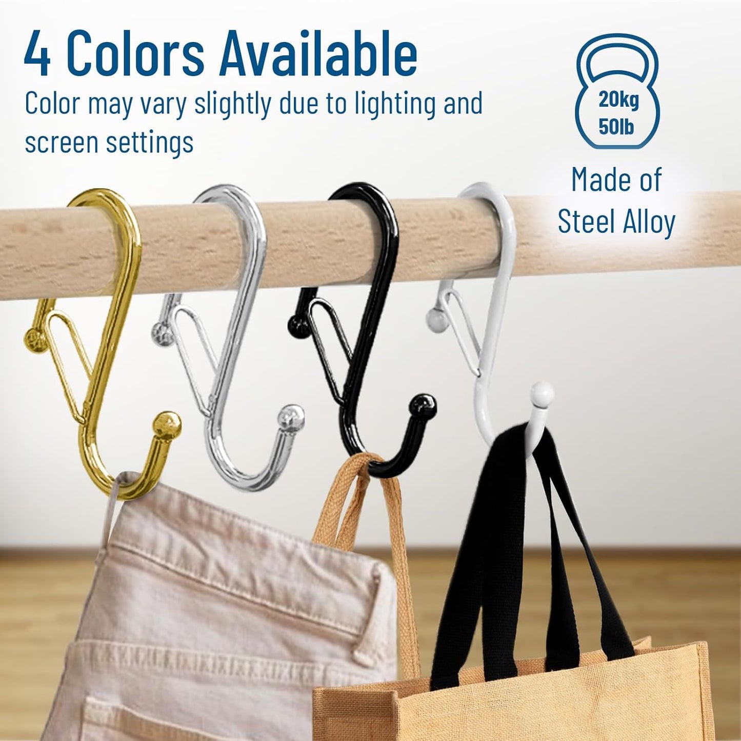 10-Pack Metal S Hooks for Hanging – Heavy-Duty S-Shaped Hook with Safety Buckle – Fits Bars up to 0.8 In – Anti-Drop S-Hooks for Kitchen, Bathroom, Closet & Pot Racks – Silver (Medium)